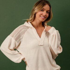 BiBi French Terry Lace Shoulder Top (Large)